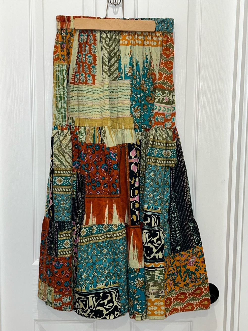Patchwork Bohemian Maxi Skirt — Teal, Rust & Mustard- Reversible